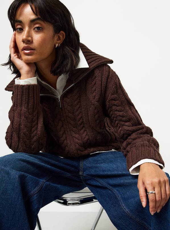 Brown Chunky Cable Zip-Through Cardigan L